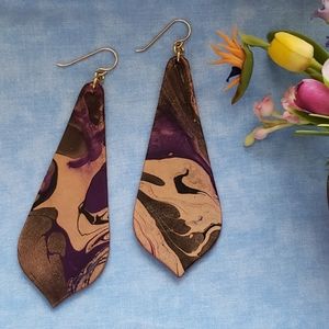 Boho Leather Dangle Purple, Tan Gray Earrings